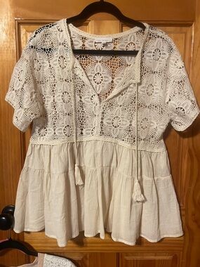 Coco Jaimeson Women’s Cream Crochet Lace Peasant Blouse with Tassel Ties